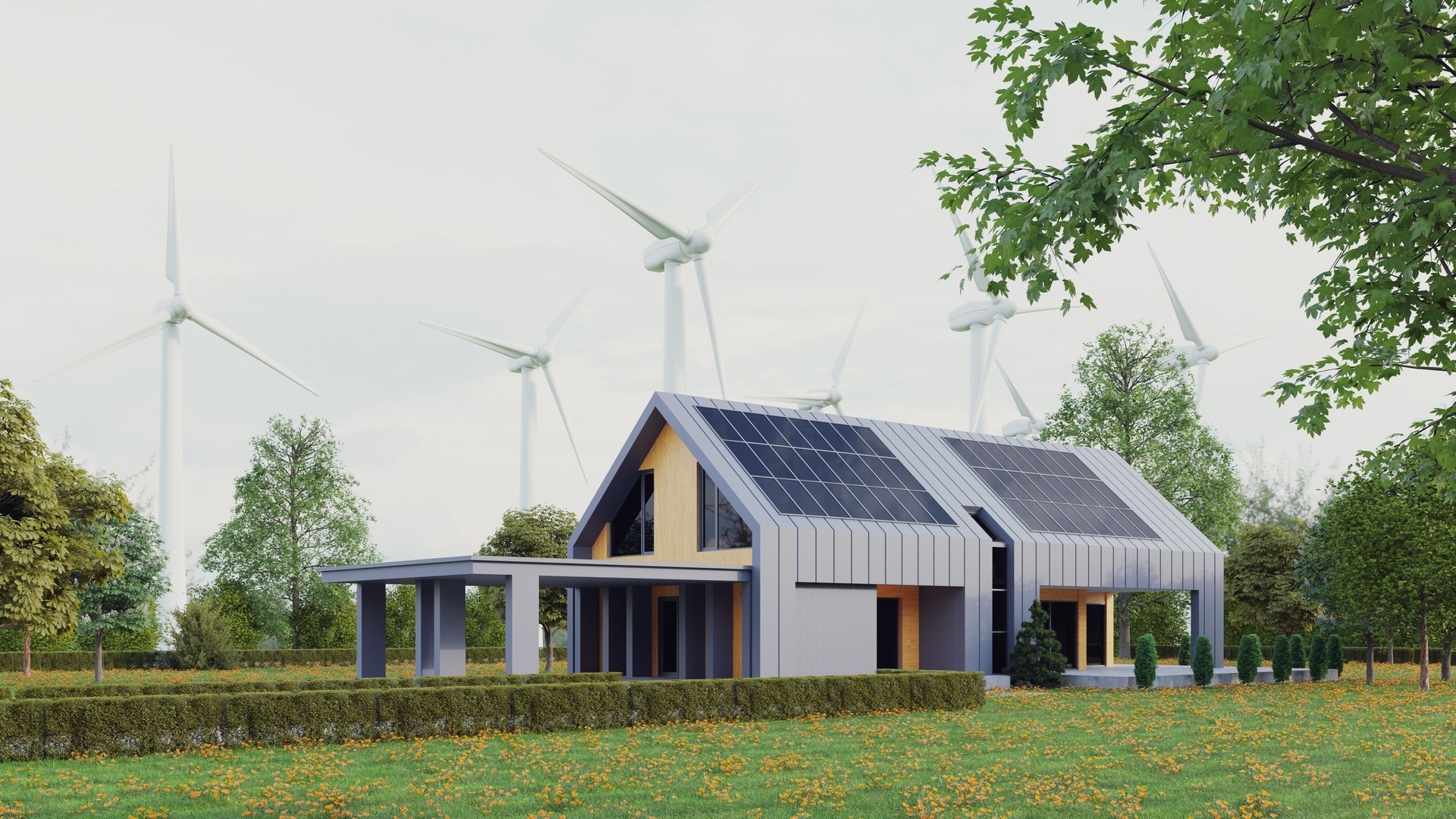 Modern eco house with solar panels and windmills to use alternative energy.